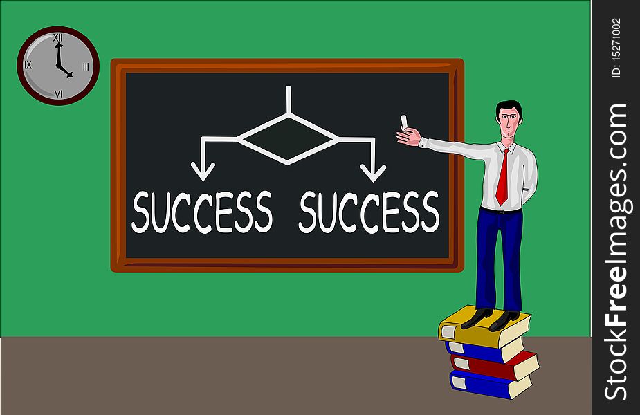 Man with blackboard and the same concept: success