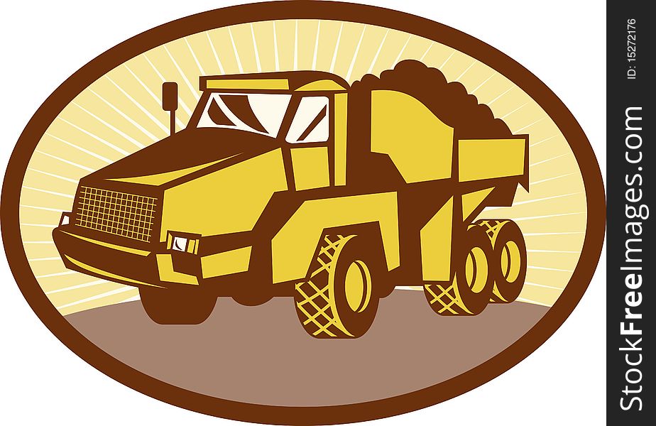 Illustration of a mining Tipper dumper dump truck or lorry set inside an oval done in retro woodcut style. Illustration of a mining Tipper dumper dump truck or lorry set inside an oval done in retro woodcut style.