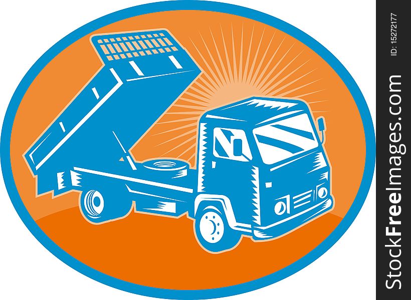 Illustration of a Tipper dumper dump truck or lorry set inside an oval.