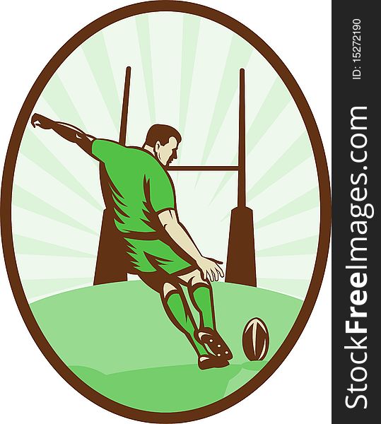 Illustration of a Rugby player kicking ball at goal post viewed from the rear set inside an ellipse done in retro style.