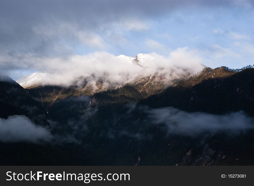 Mountain landscape with green trees covered and white cloudscape