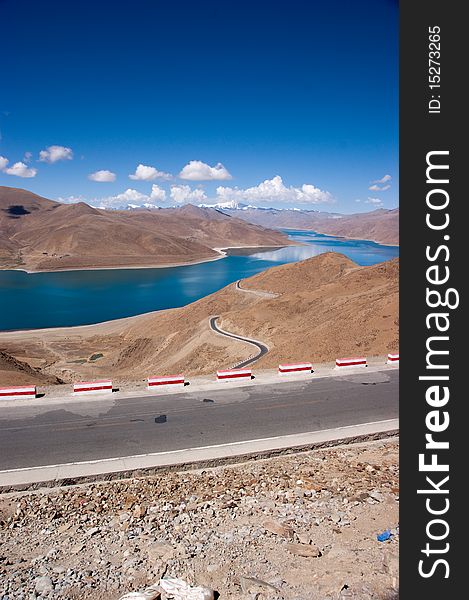 Blue lake with surrounding mountains in great tibet area. Blue lake with surrounding mountains in great tibet area