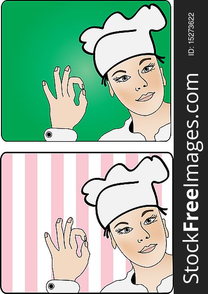 Illustration for real gourmet. Stylization young Asian cook with OK sigh.
