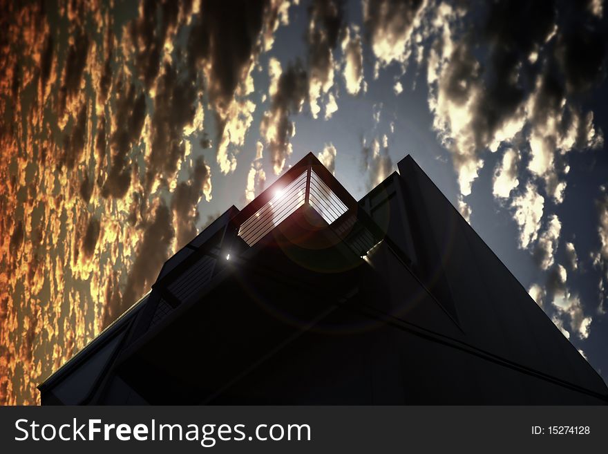 Silhoutted building against dramatic sky with clouds and sun