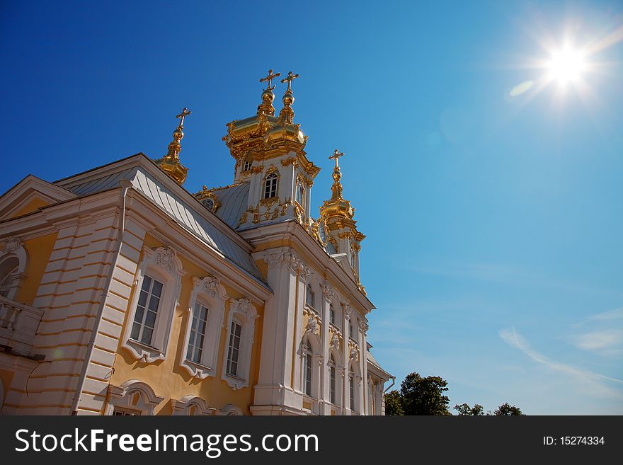 Wide angle view to The Big Palace, Peterhof at sunny cloudy day