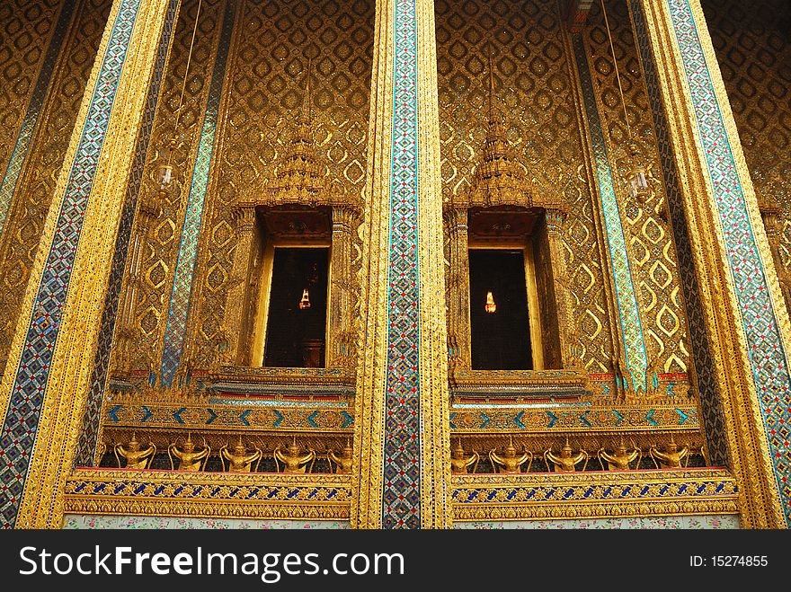 Windows and wall art of Thailand style in the Prakaew temple. Windows and wall art of Thailand style in the Prakaew temple.