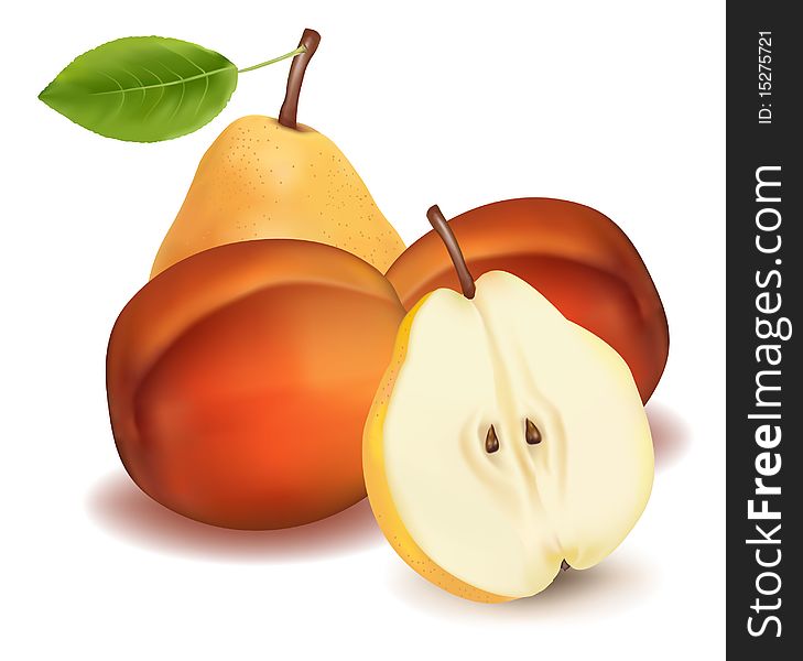 Photo-realistic illustration. Peaches, a pear and a halved pear.