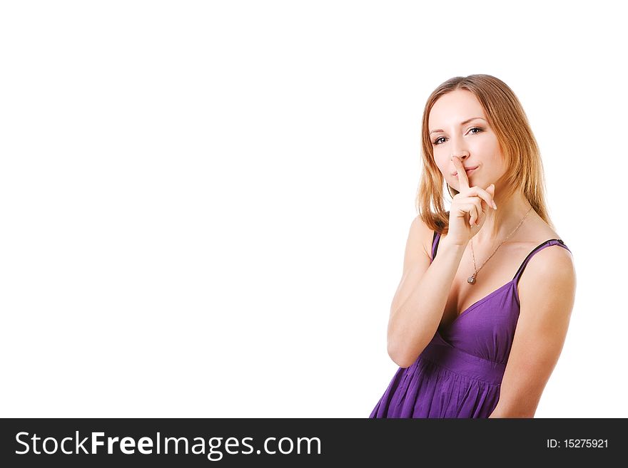 Portrait of a young pretty girl in yellow dress. Isolated on white.