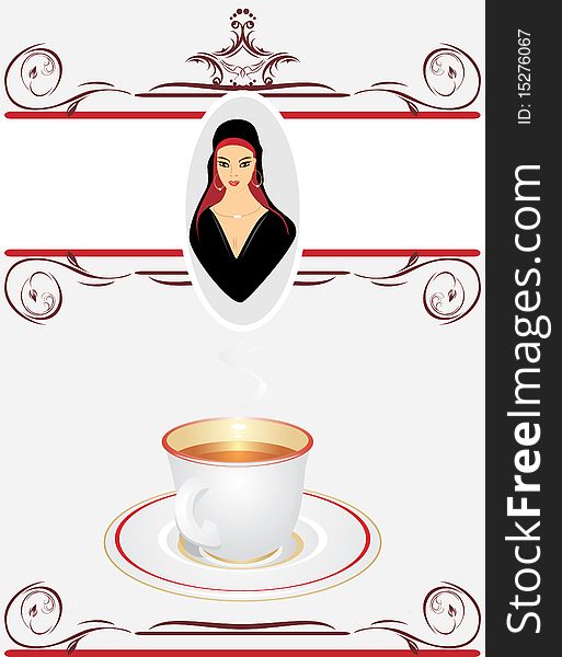 Cup with tea and portrait of east beautiful woman. Background for wrapping. Illustration