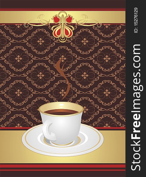 Cup with coffee on the decorative background. Wrapping. Illustration