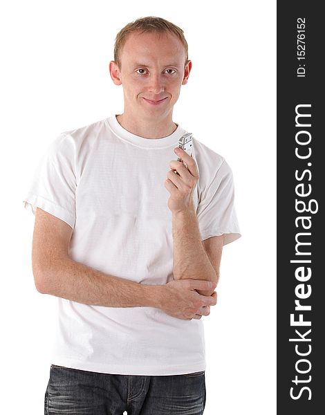 Smiling man with a dictaphone isolated on white. Series