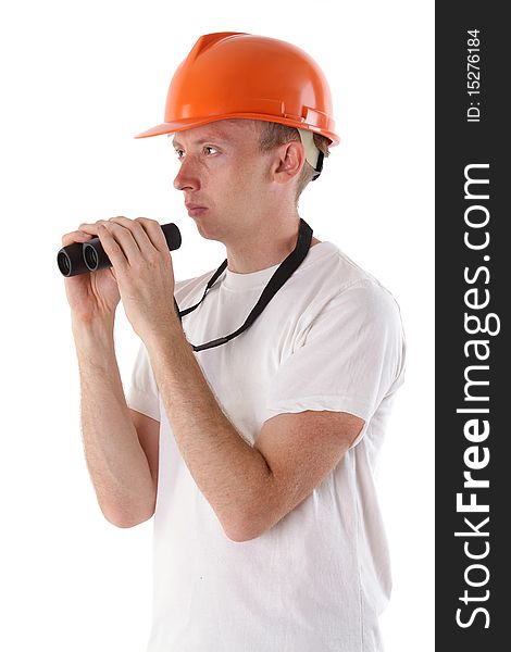 Worker with binoculars isolated on white