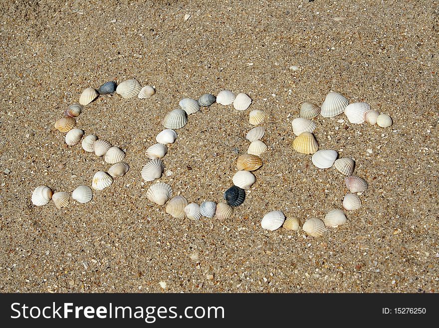 The distress signal combined from sea cockleshells on sandy coast. The distress signal combined from sea cockleshells on sandy coast