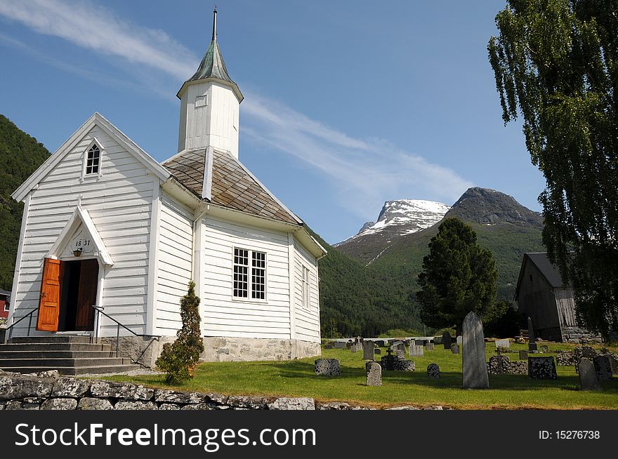 The church of a rural community on Norway's Nordfjord. The church of a rural community on Norway's Nordfjord