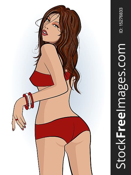 Vector illustration of a beautiful sexy woman on the beach