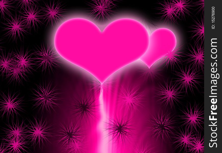 Illustration pink glowing two hearts background. Illustration pink glowing two hearts background