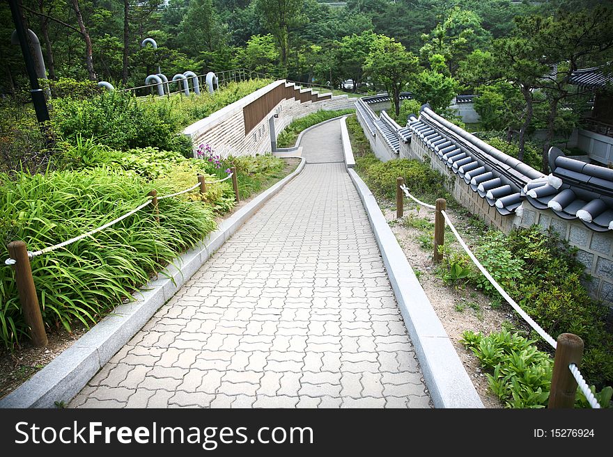 Walls,road ancient construction Seoul Namsangol Hanok Village Korea