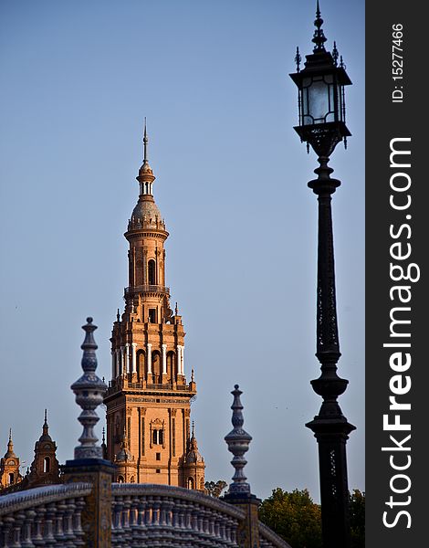View of the South Tower in Plaza de EspaÃ±a, Seville - Spain. View of the South Tower in Plaza de EspaÃ±a, Seville - Spain