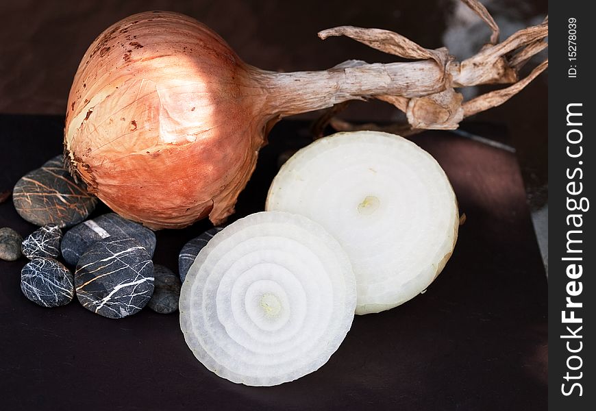Fresh, raw, sliced onions on soil and rocks