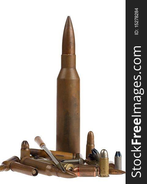 Different bullets end ammunition on a white background. Different bullets end ammunition on a white background.