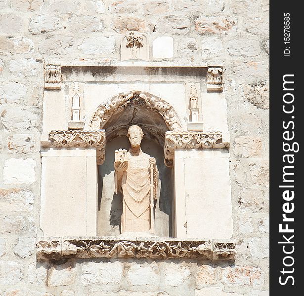 Statue of St Blasius (Sv. Vlaho) the protector of Dubrovnik placed over the eastern entrance to the old town. In year 972 St. Blasius has been chosen as the patron saint of Dubrovnik. Croatia