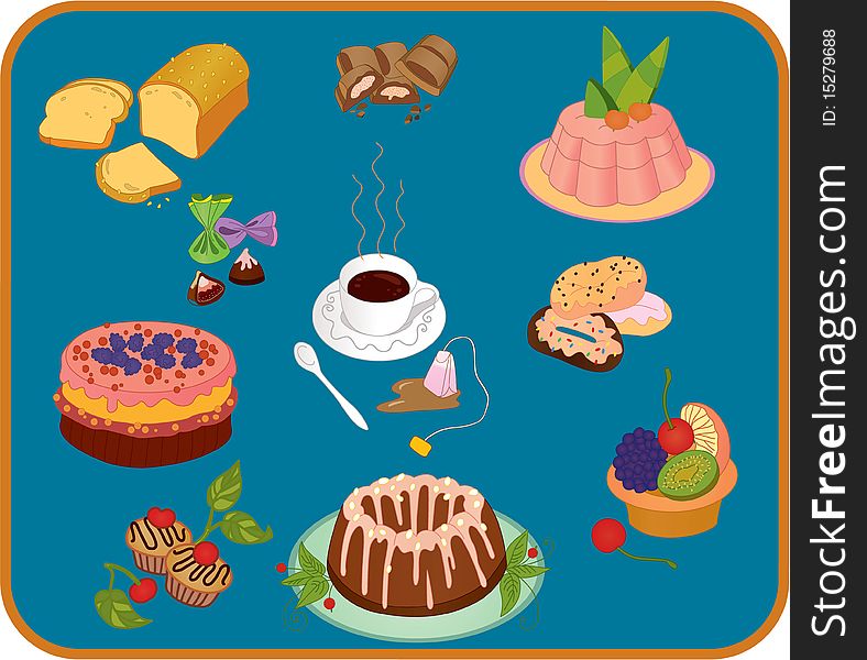 Icon set of cup of tea , candies and baked desserts