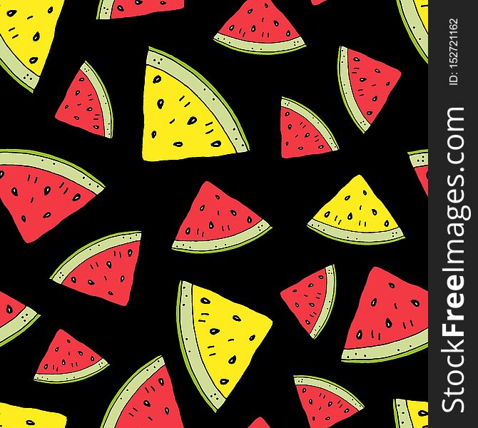 Watermelon slices cartoon hand drawing seamless pattern doodles style. Summer watermelon background. Design for fabrics, textiles, paper and greeting cards. Watermelon slices cartoon hand drawing seamless pattern doodles style. Summer watermelon background. Design for fabrics, textiles, paper and greeting cards.