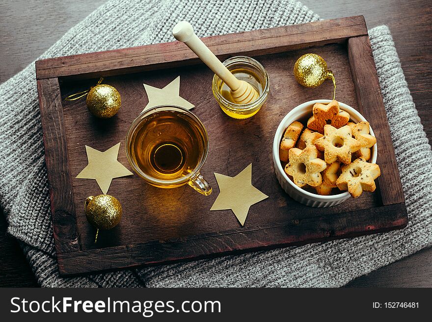 Winter Holiday Breakfast Tea,honey And Star Cookies On A Wooden Tray