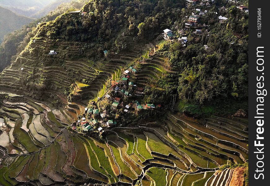 Aerial view of the village at Batad Rice Terrace in Ifugao, The Philippines. Taken during sunrise. Aerial view of the village at Batad Rice Terrace in Ifugao, The Philippines. Taken during sunrise.