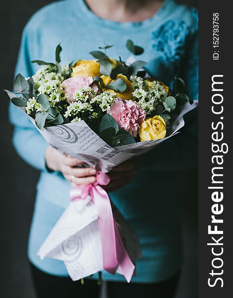 Beautiful Bouquet Of Flowers In The Hands Of A Woman