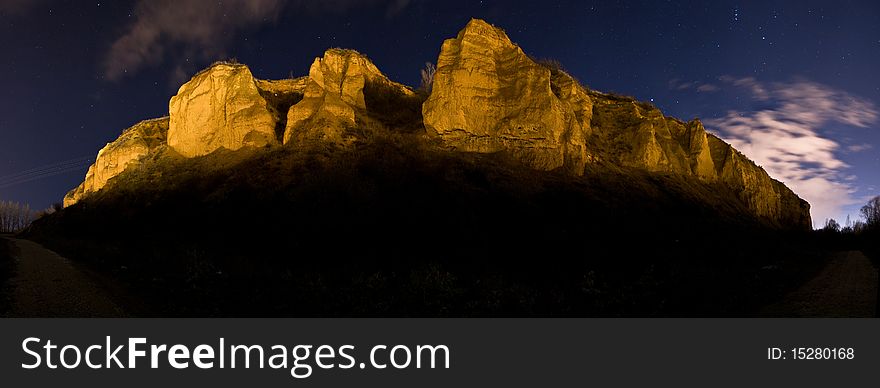 Panoramic view of a cliff. Night long exposure. Panoramic view of a cliff. Night long exposure.