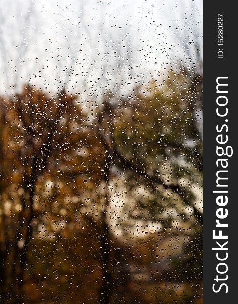 Autumn melancholy. Rain drops on the window pane.