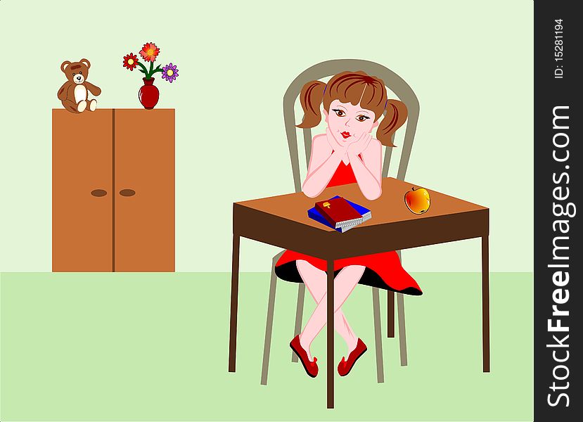 Girl with her head propped sitting at a table in a room. Girl with her head propped sitting at a table in a room