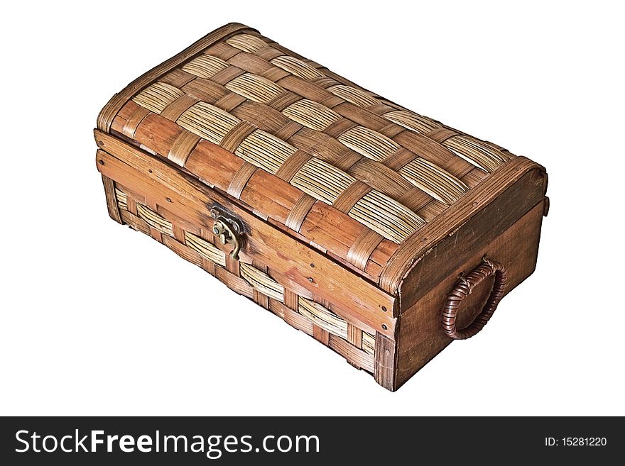 Photo of an antique box made out of bamboo and straw, isolated on a white background. Photo of an antique box made out of bamboo and straw, isolated on a white background