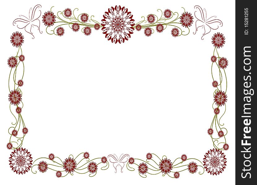 Image representing a rectangular frame decorated with curved lines and stylized flowers and in the upper corners of which there are two stylized butterflies. An illustration that can be used for many projects, such as greeting cards. Image representing a rectangular frame decorated with curved lines and stylized flowers and in the upper corners of which there are two stylized butterflies. An illustration that can be used for many projects, such as greeting cards.