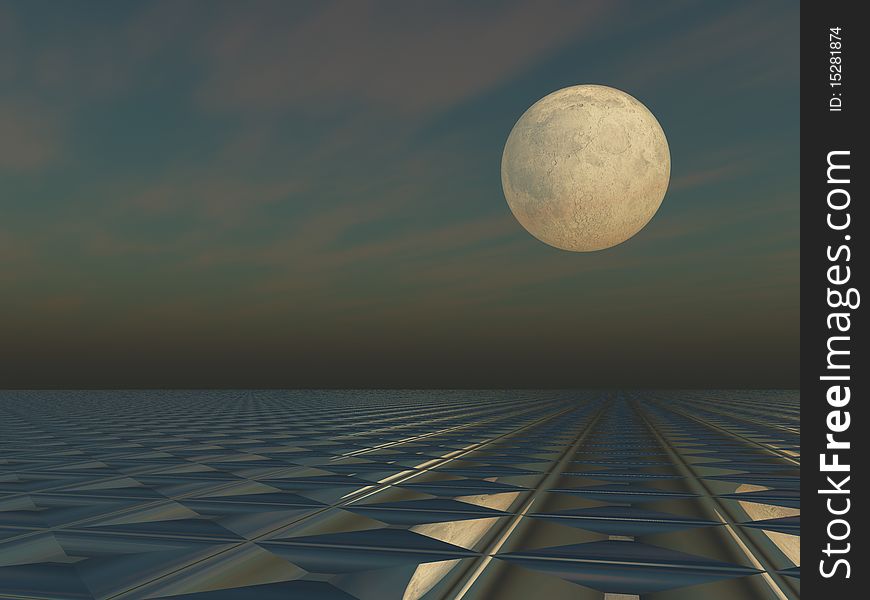 A grey hazy cloudy sky with a full moon and surreal technology vanishing grid horizon. A grey hazy cloudy sky with a full moon and surreal technology vanishing grid horizon.