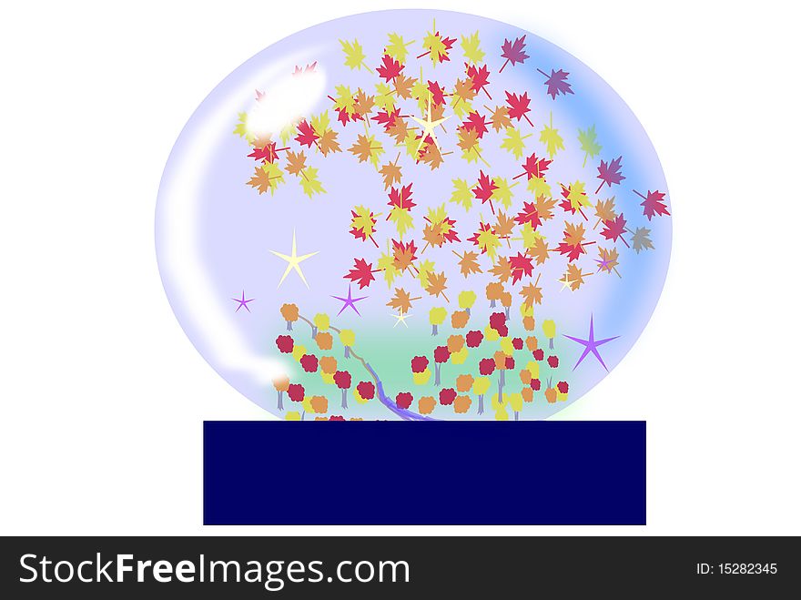 A water globe with autumn leaves floating around and a wooded landscape below. A water globe with autumn leaves floating around and a wooded landscape below.