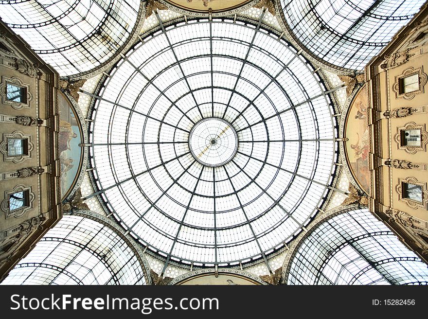 The famous iron structure and glass-vaulted arcades of Galleria Vittorio Emanuele II in Milan, Italy.