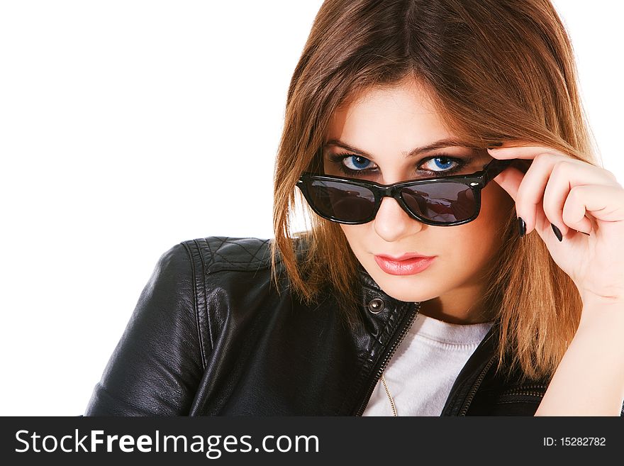 Picture of a charming young girl in sunglasses on white background. Picture of a charming young girl in sunglasses on white background