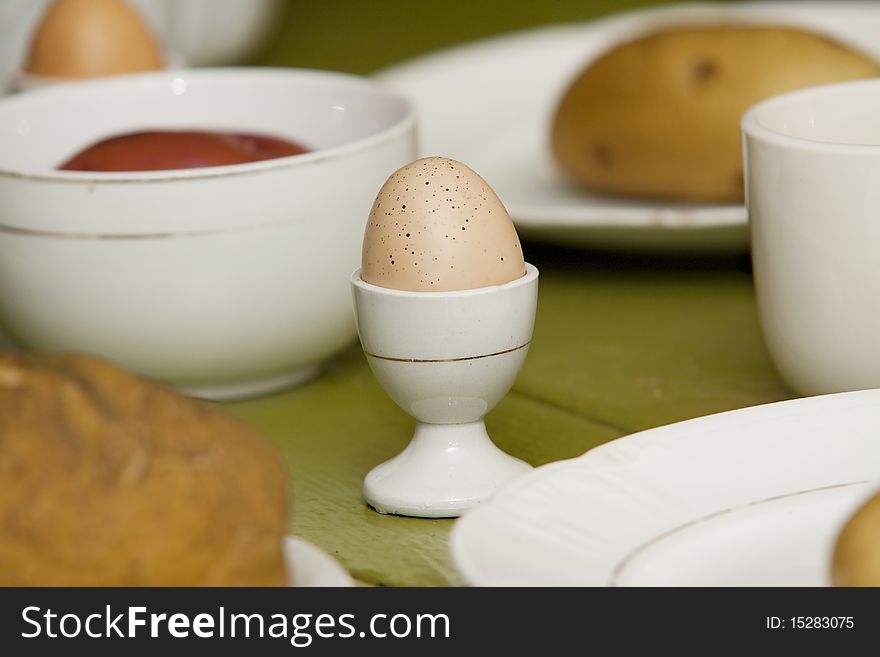 Hard boiled egg on the breakfast table. Hard boiled egg on the breakfast table