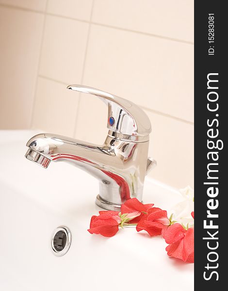 Bathroom faucet and red flowers.