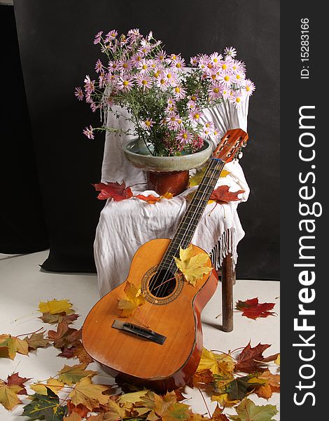 Guitar with flowers and leaves. Guitar with flowers and leaves