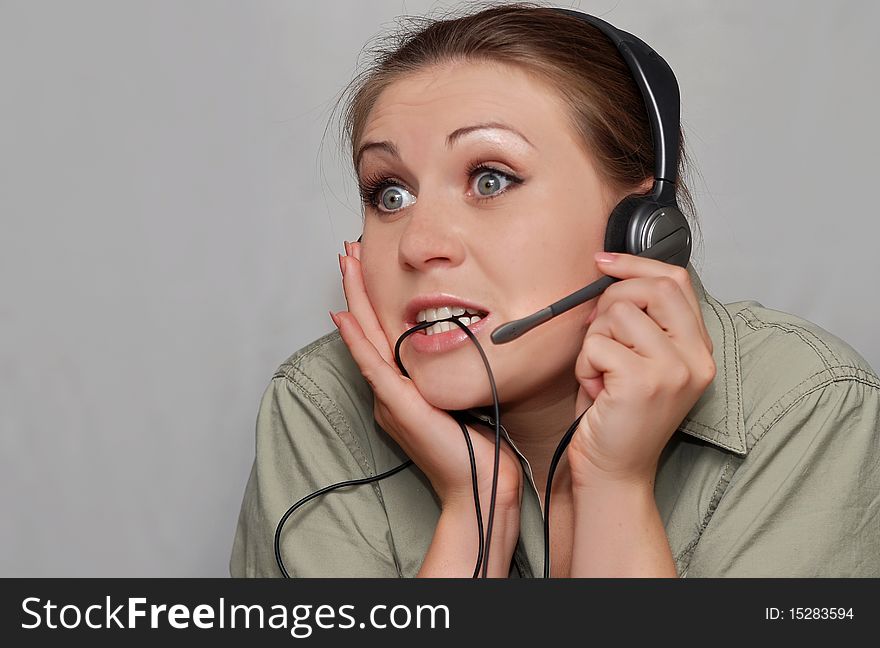 Young crazy woman with headset. Young crazy woman with headset