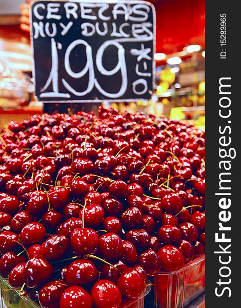 Cherries on sale at La Boqueria Market in Barcelona, Spain.