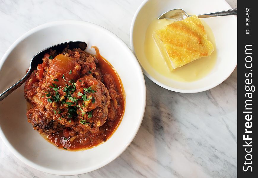 Meatballs as main course and bread pudding as dessert for a simple supper. Meatballs as main course and bread pudding as dessert for a simple supper