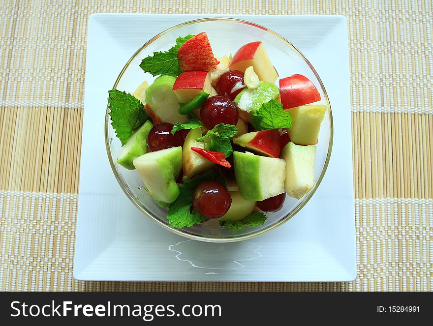 Fruit salad asia food Thai stye background white plate. Fruit salad asia food Thai stye background white plate