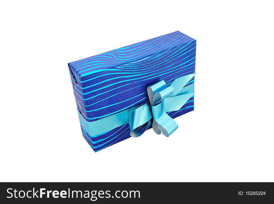 Isolated gift with blue bow on white