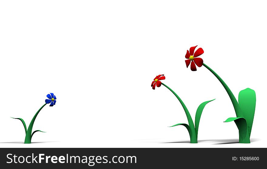 Two red with one blue isolated flowers. Two red with one blue isolated flowers