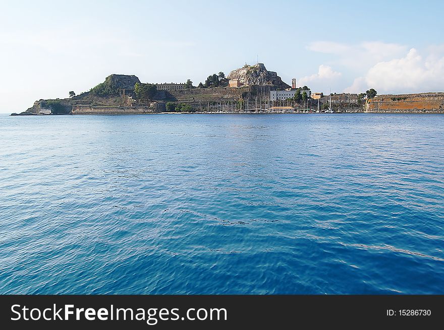 Panoramic view from the sea of Corfu harbor(old town). Panoramic view from the sea of Corfu harbor(old town).