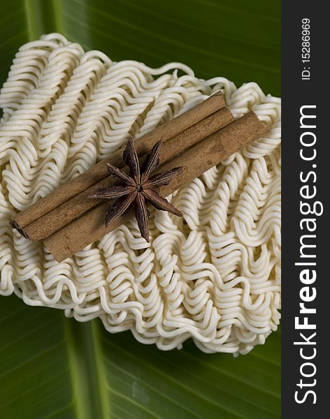 Dry instant noodles on banana leaves. Dry instant noodles on banana leaves